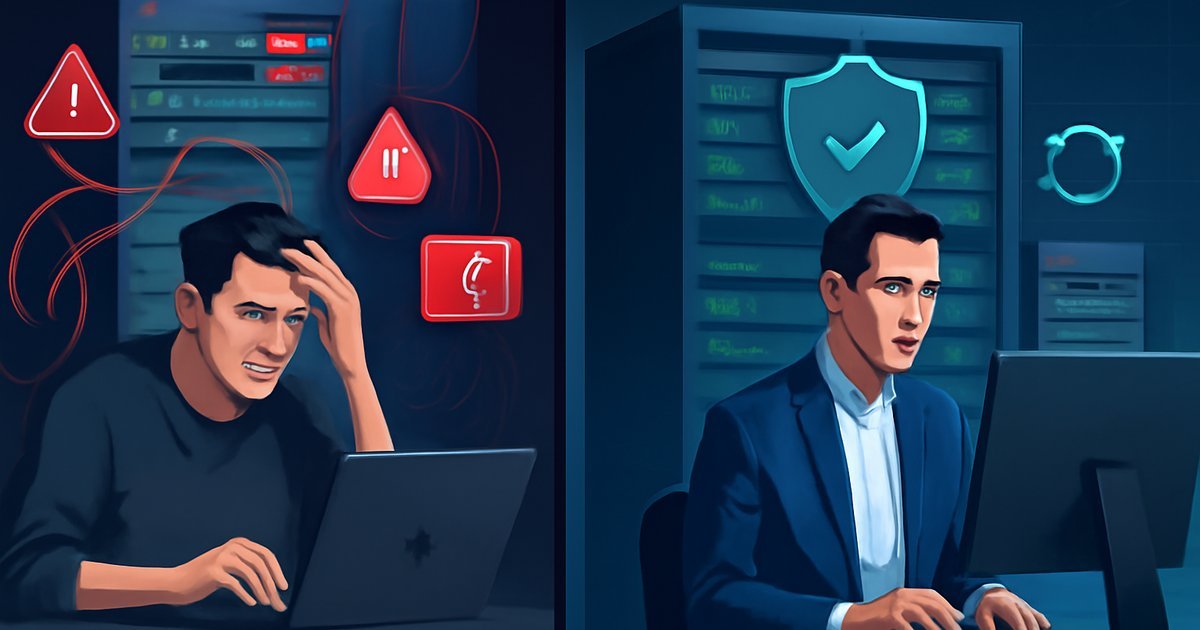 Split-screen illustration comparing managed web hosting and regular shared hosting environments