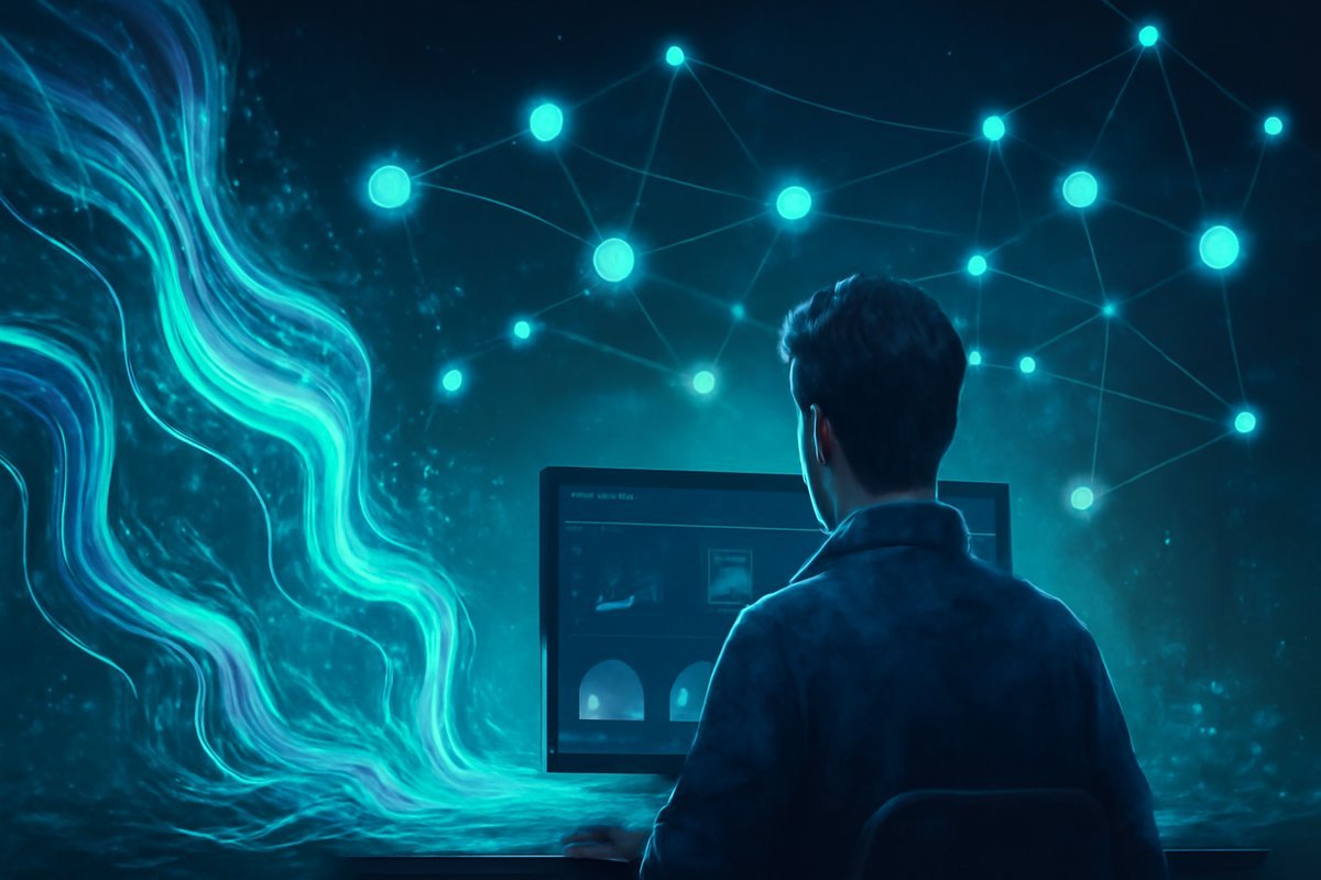 Abstract visual representing serverless computing with flowing code and glowing nodes, illustrating automated infrastructure management.