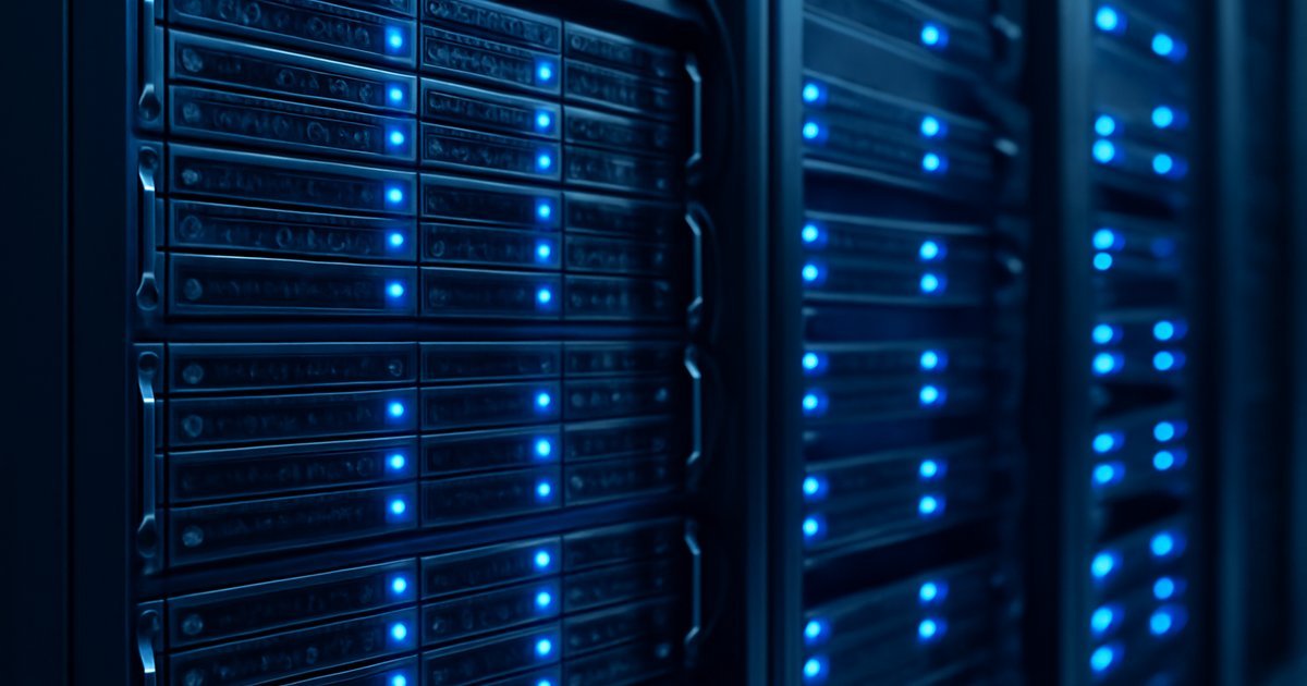 Dedicated server rack inside a modern data center with blue LED lighting